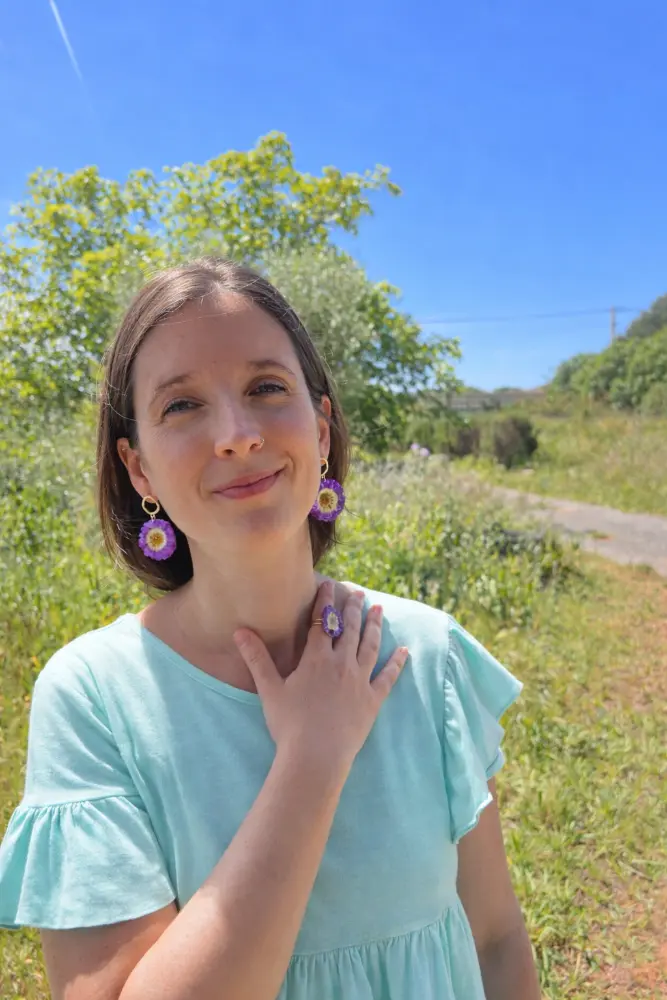 Purple Daisy Gold Hook earrings, model shot – Mångata Studio