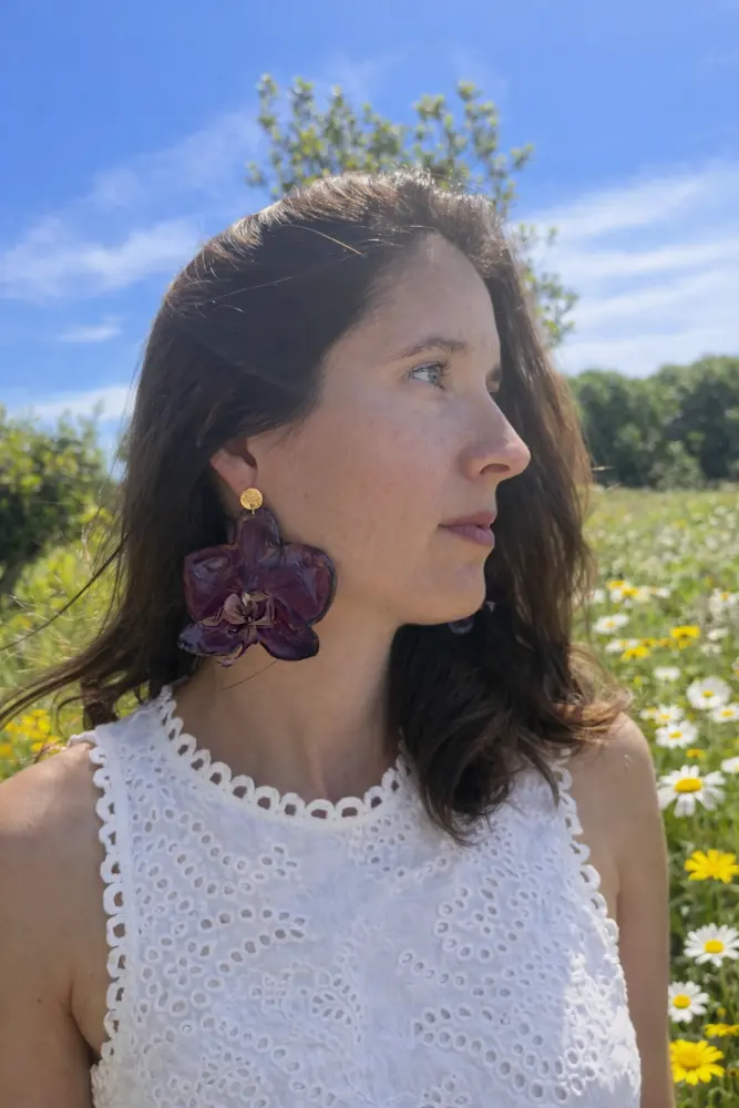 Large Purple Orchid Gold Hook earrings, model shot – Mångata Studio